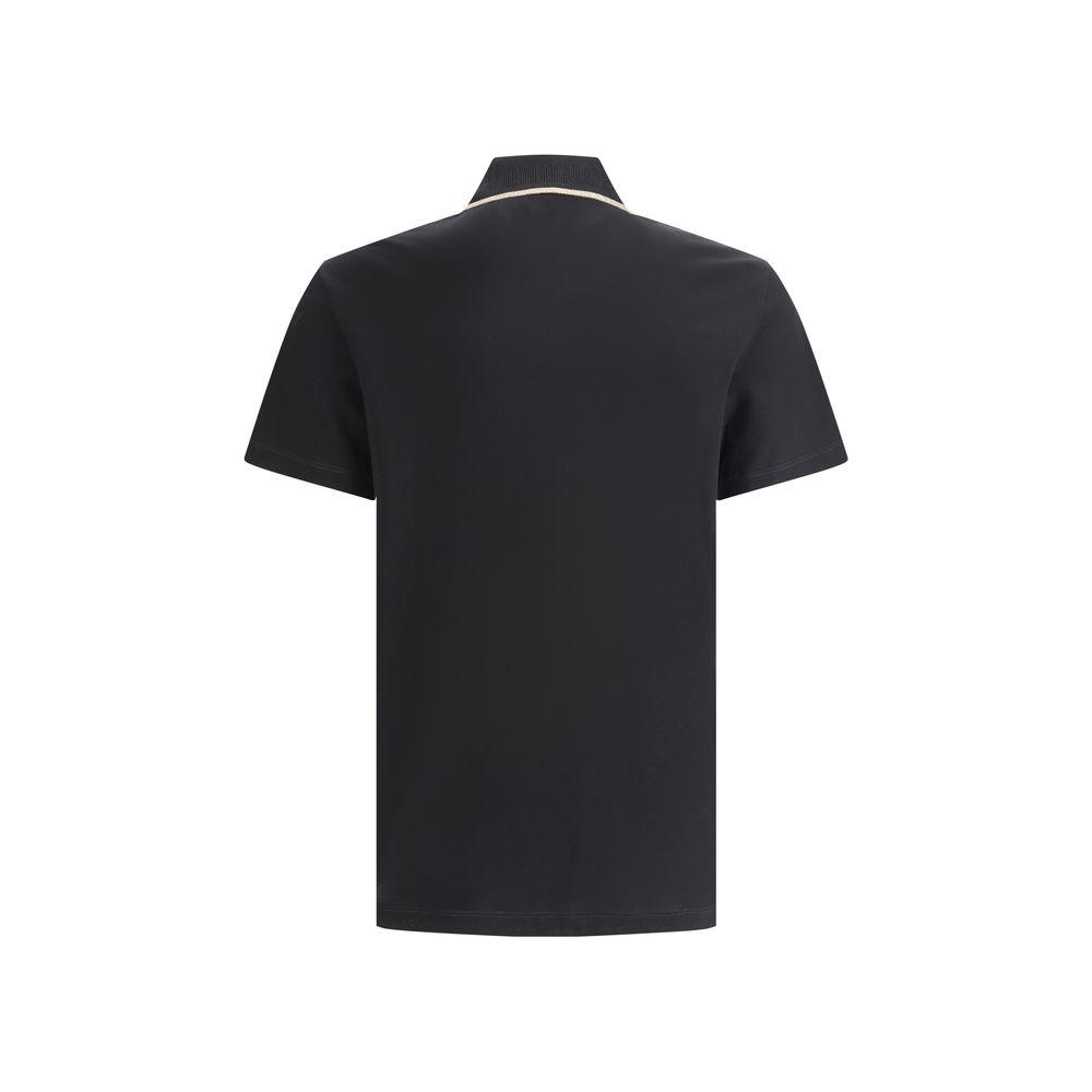 Back view of a Versace cotton polo shirt with ribbed collar, monochrome design, and button front. Regular fit.