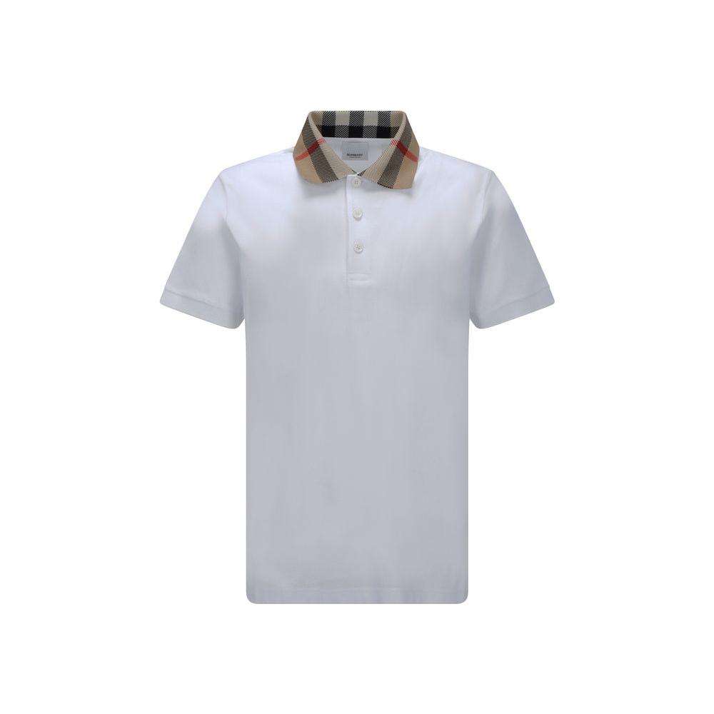 White Burberry Cody Polo Shirt with Archivio Check collar, ribbed design, and tone-on-tone buttons in regular fit.