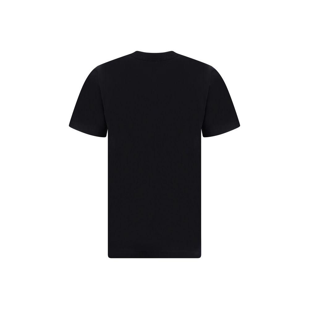 Rear view of a black Burberry cotton T-shirt featuring a ribbed crew neck and iconic brand monogram in monochrome pattern.