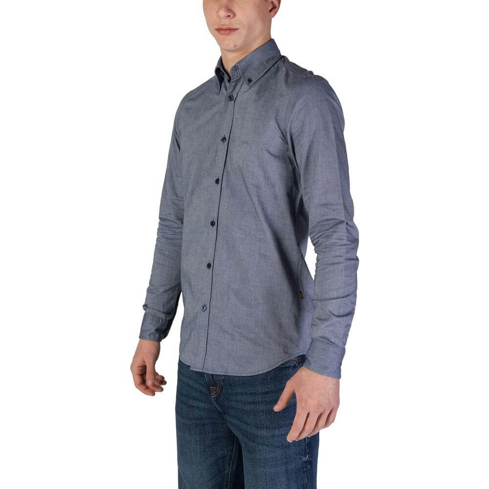 Hugo Boss blue cotton long sleeve shirt for men, fall/winter collection, 100% cotton, stylish casual wear.