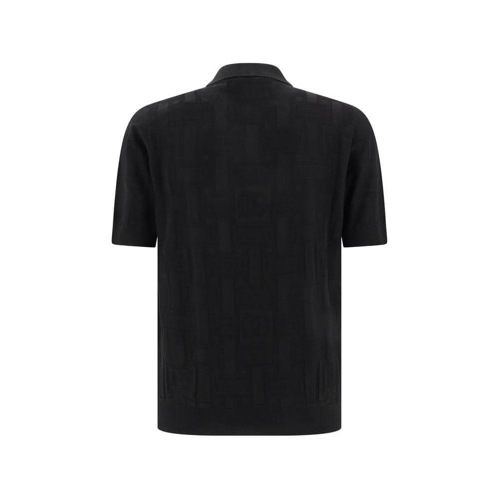 Dolce & Gabbana black silk polo shirt with jacquard logo, classic collar, and tone-on-tone buttons, back view.