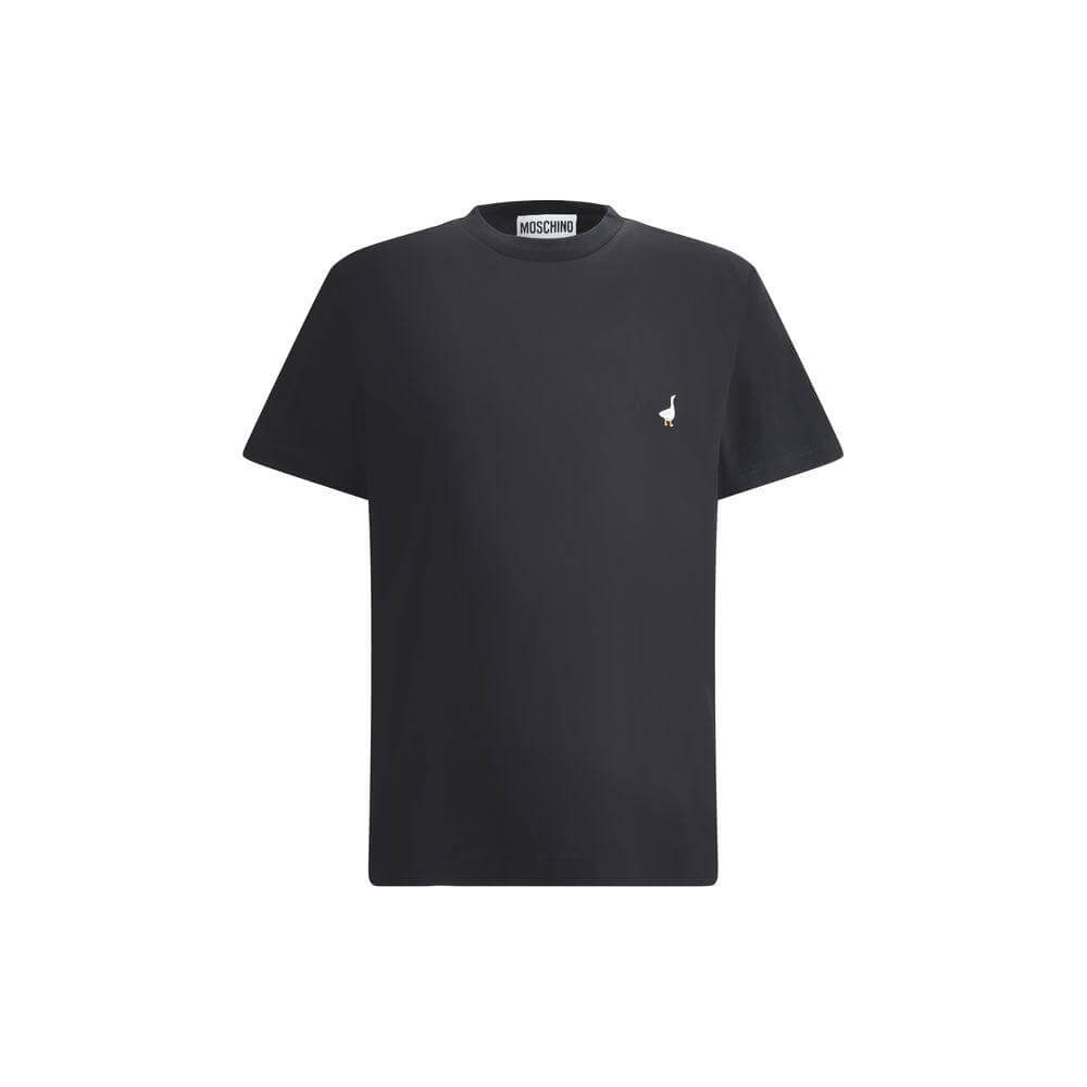 Moschino black cotton logo t-shirt with ribbed crew neck and stitched goose detail on front.