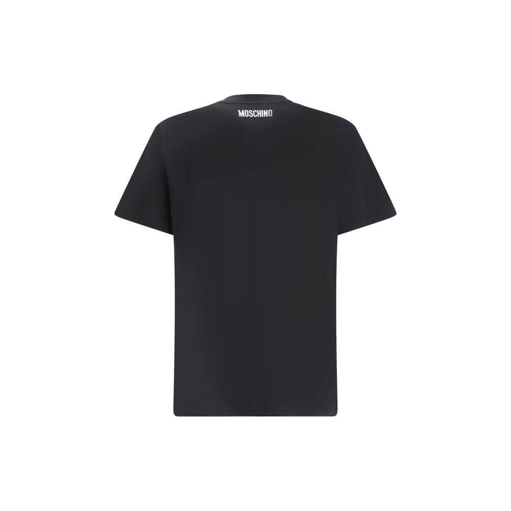Back view of Moschino Logo T-Shirt with contrasting monogram on black cotton fabric, featuring a classic ribbed crew neck.
