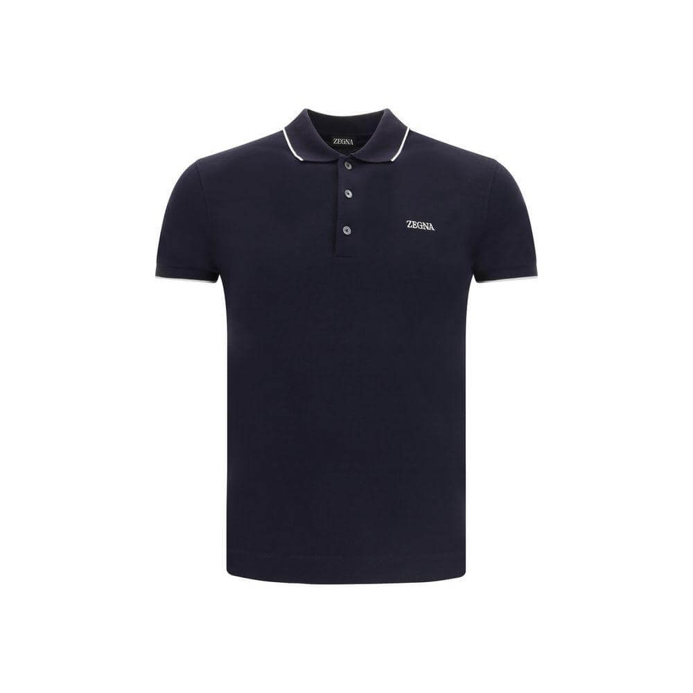 ZEGNA cotton polo shirt in navy with ribbed collar, contrasting profiles, embroidered logo, and tone-on-tone buttons, regular fit.