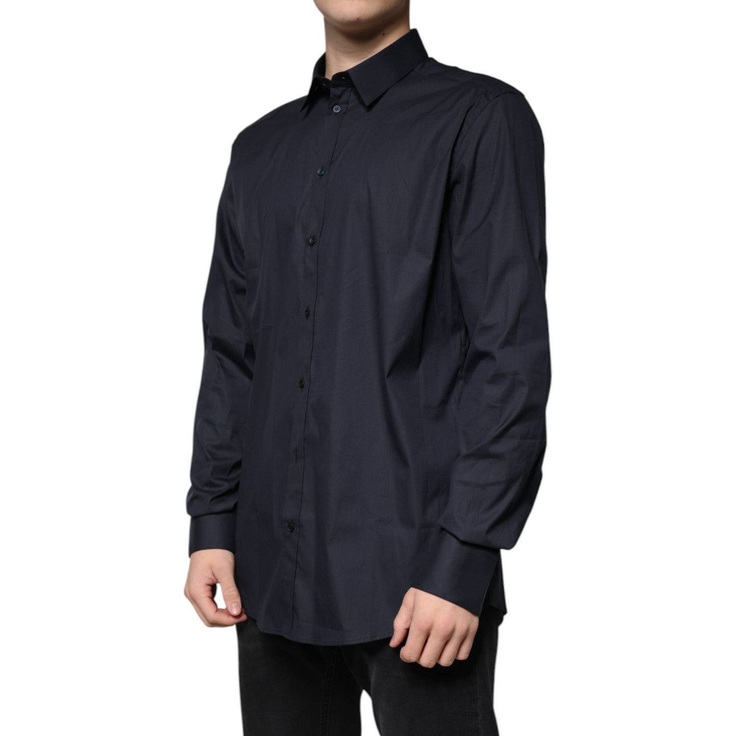 Dolce & Gabbana Gold black cotton blend slim fit formal dress shirt, long sleeves, collared neck, worn by a model, Italian-made luxury.