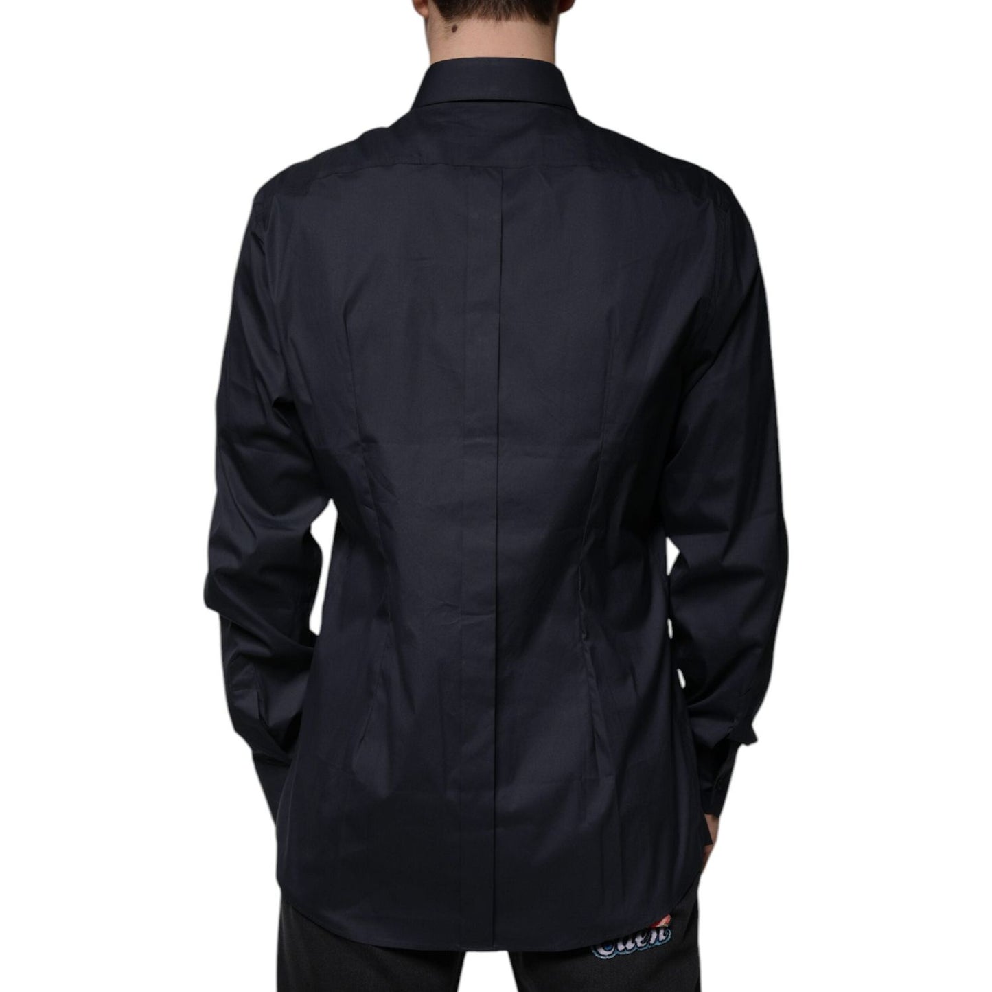 Back view of Dolce & Gabbana black cotton blend formal dress shirt with collar and long sleeves.