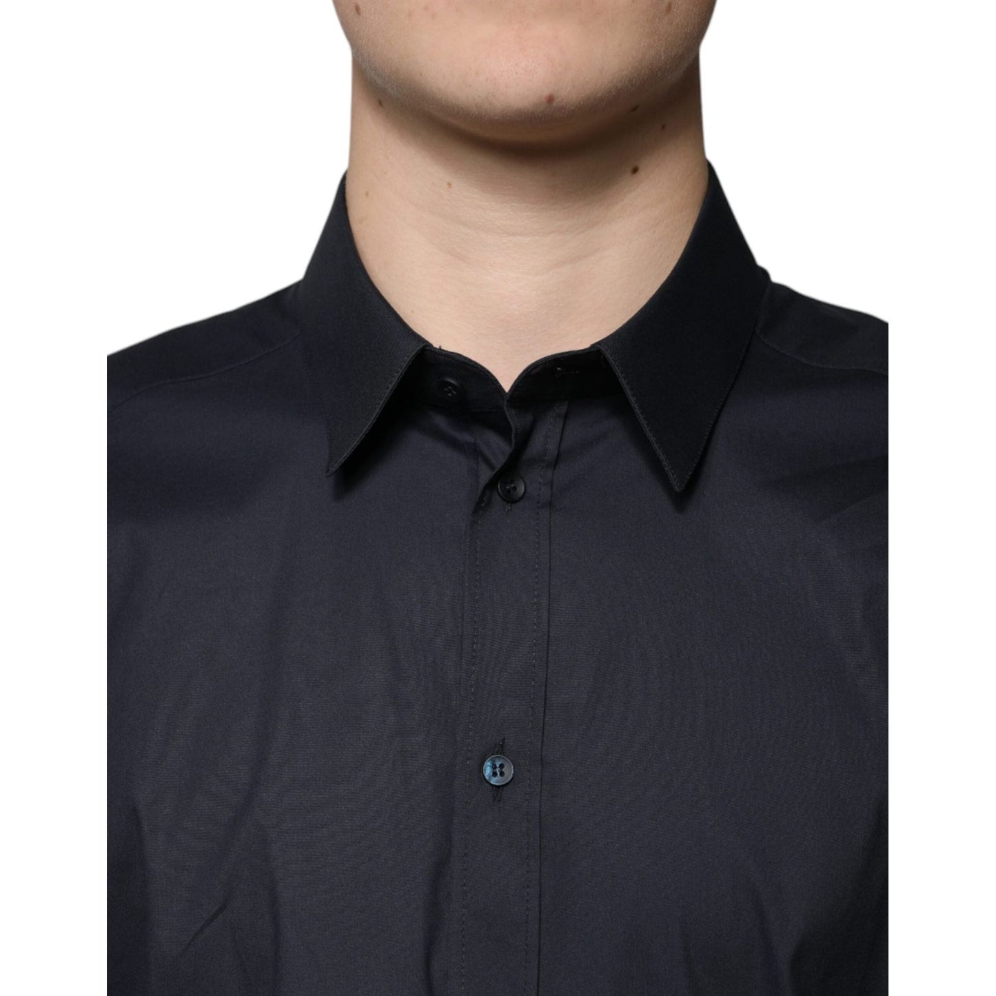 Dolce & Gabbana black cotton blend formal dress shirt, slim fit, classic collar, button-down, made in Italy, featuring logo details.