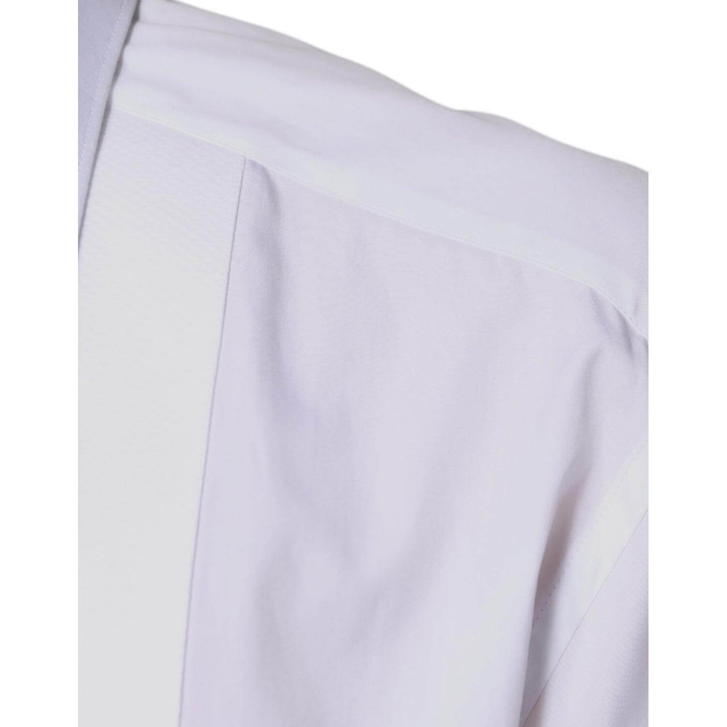 Close-up of Dolce & Gabbana white cotton poplin formal shirt with slim fit and logo details.