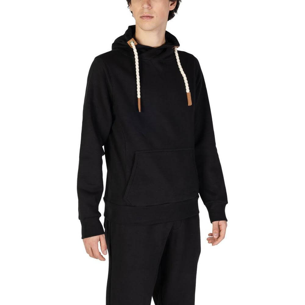 Hydra Clothing black cotton sweater for men, part of Fall/Winter collection, featuring a hood and front pocket, made with 60% cotton.