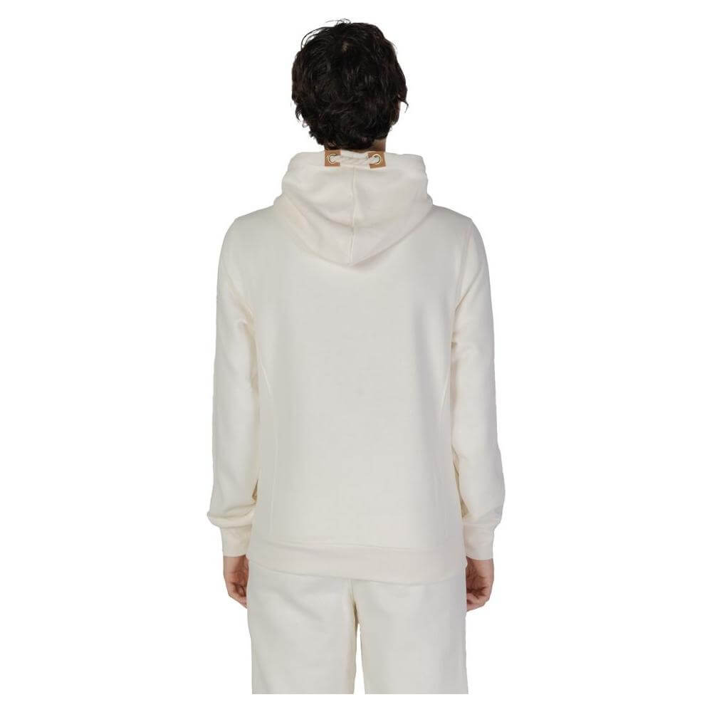 Back view of men's Hydra Clothing cream cotton sweater from fall/winter collection, featuring a hood and casual fit.