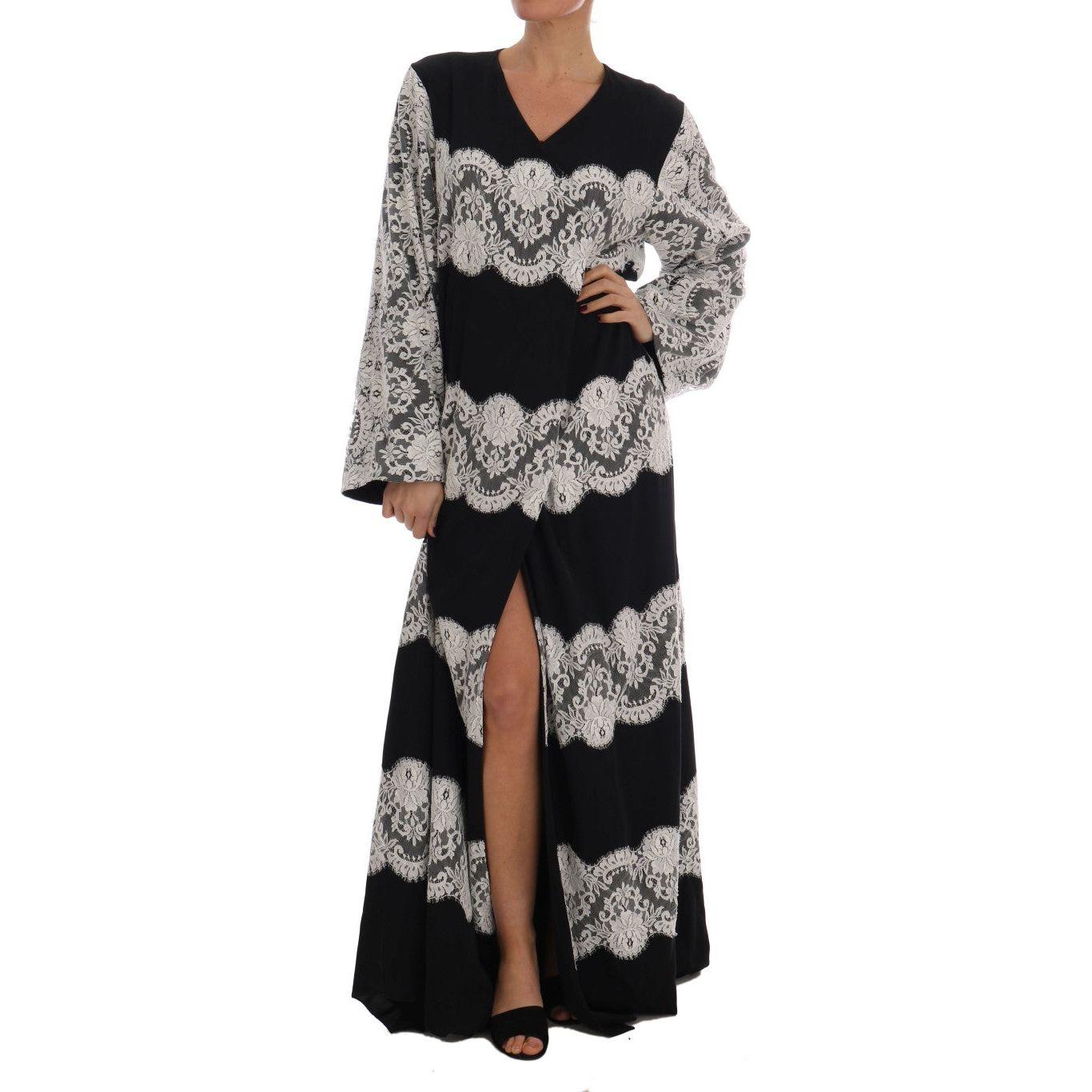 Dolce & Gabbana Elegant Silk Floral Lace Kaftan Maxi Dress Dolce & Gabbana Gray