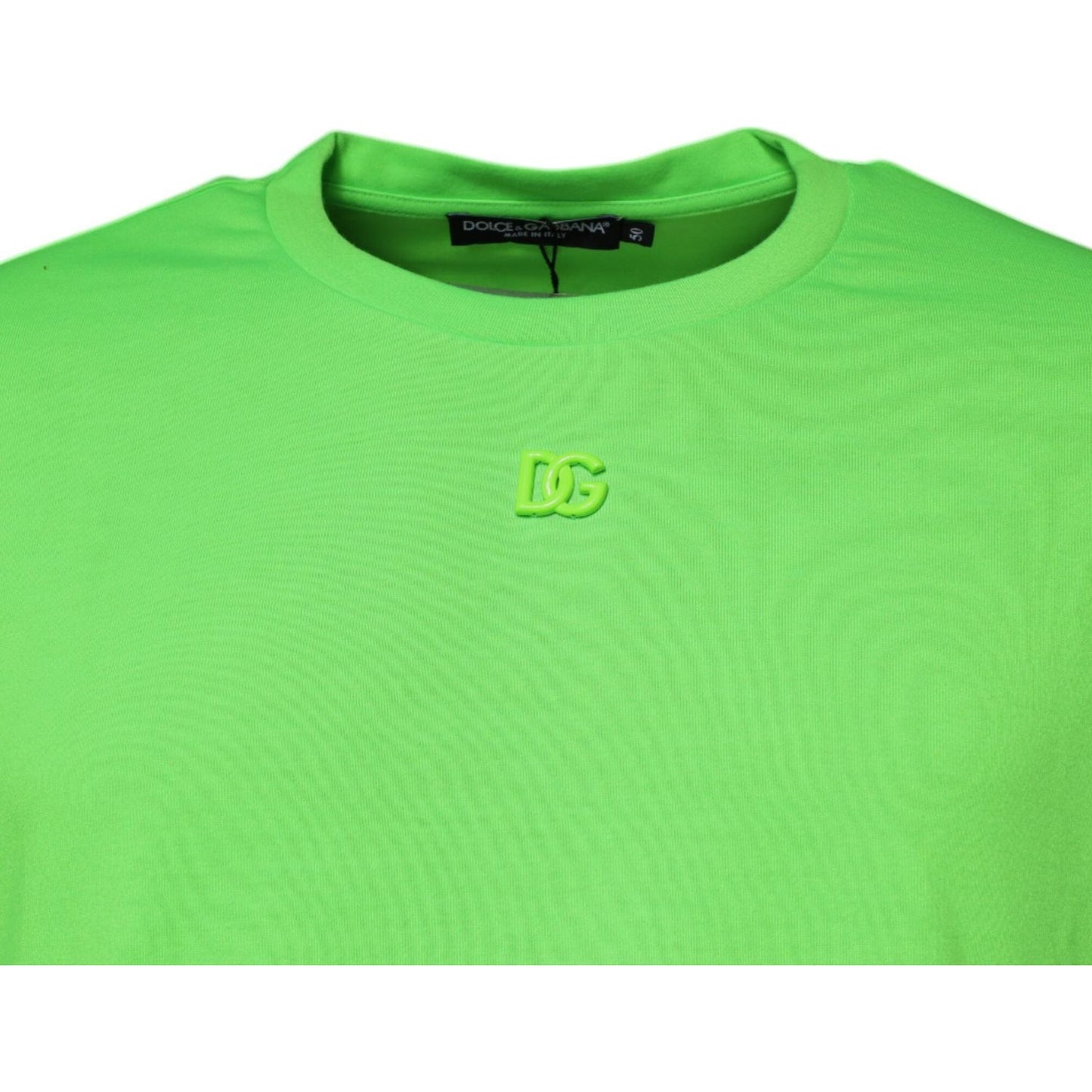 Dolce & Gabbana neon green polyester crew neck t-shirt with DG logo, regular fit, made in Italy. Short sleeves, fashion clothing.