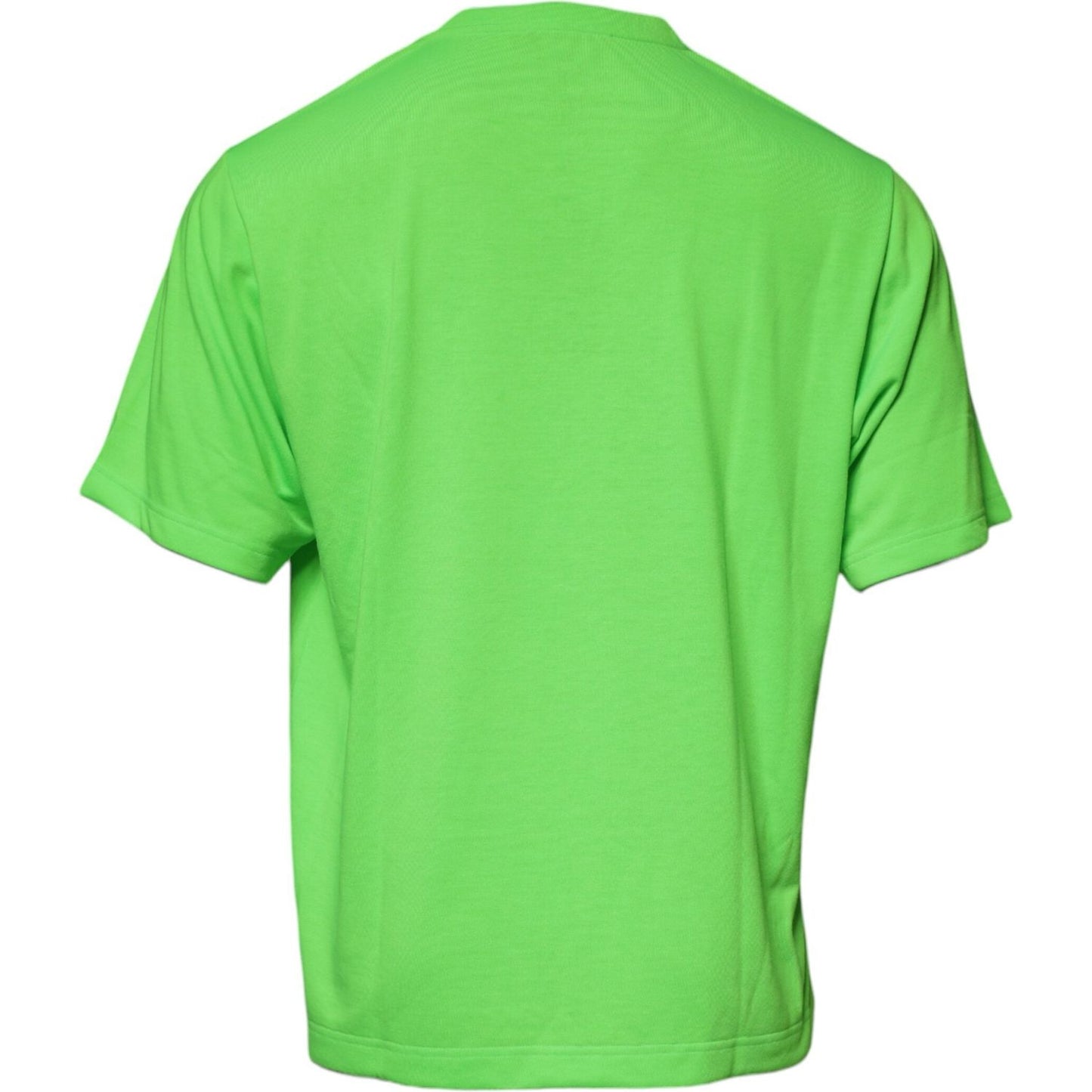 Back view of Dolce & Gabbana neon green crew neck t-shirt, 100% polyester, regular fit, with DG logo detail, made in Italy.