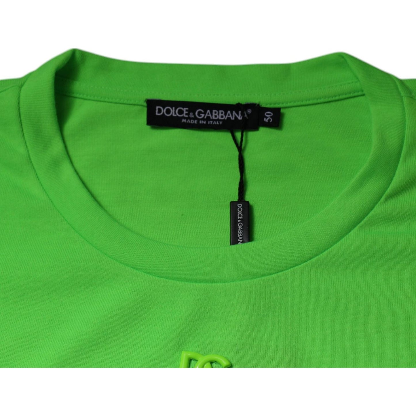 Dolce & Gabbana green crew neck t-shirt with DG logo and tag, 100% polyester, regular fit, made in Italy.
