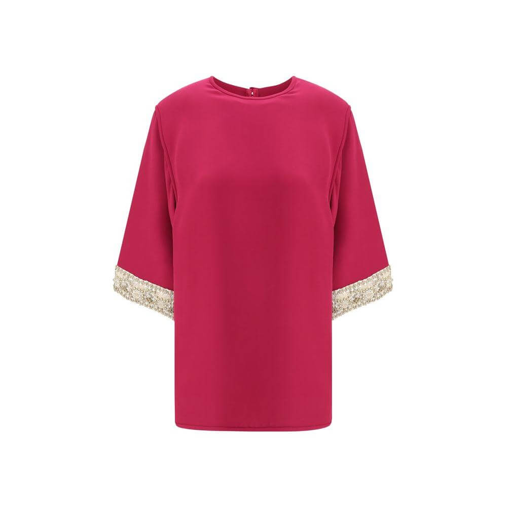 Valentino's Jewel Top with pearl and bead embroidery on flared sleeves, crew neck, and back zipper closure for a chic, elegant look.
