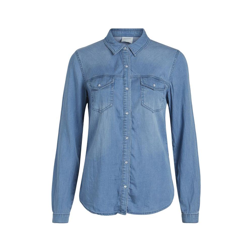 Light blue long-sleeve cotton shirt by Vila Clothes with chest pockets and front buttons, made from soft Lyocell and cotton blend.