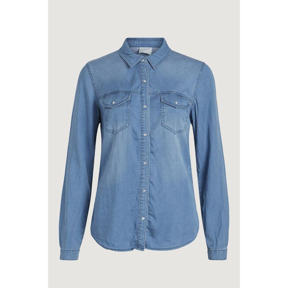 Vila Clothes light blue long-sleeve cotton shirt with chest pockets and buttons, made from Lyocell blend for softness and comfort.