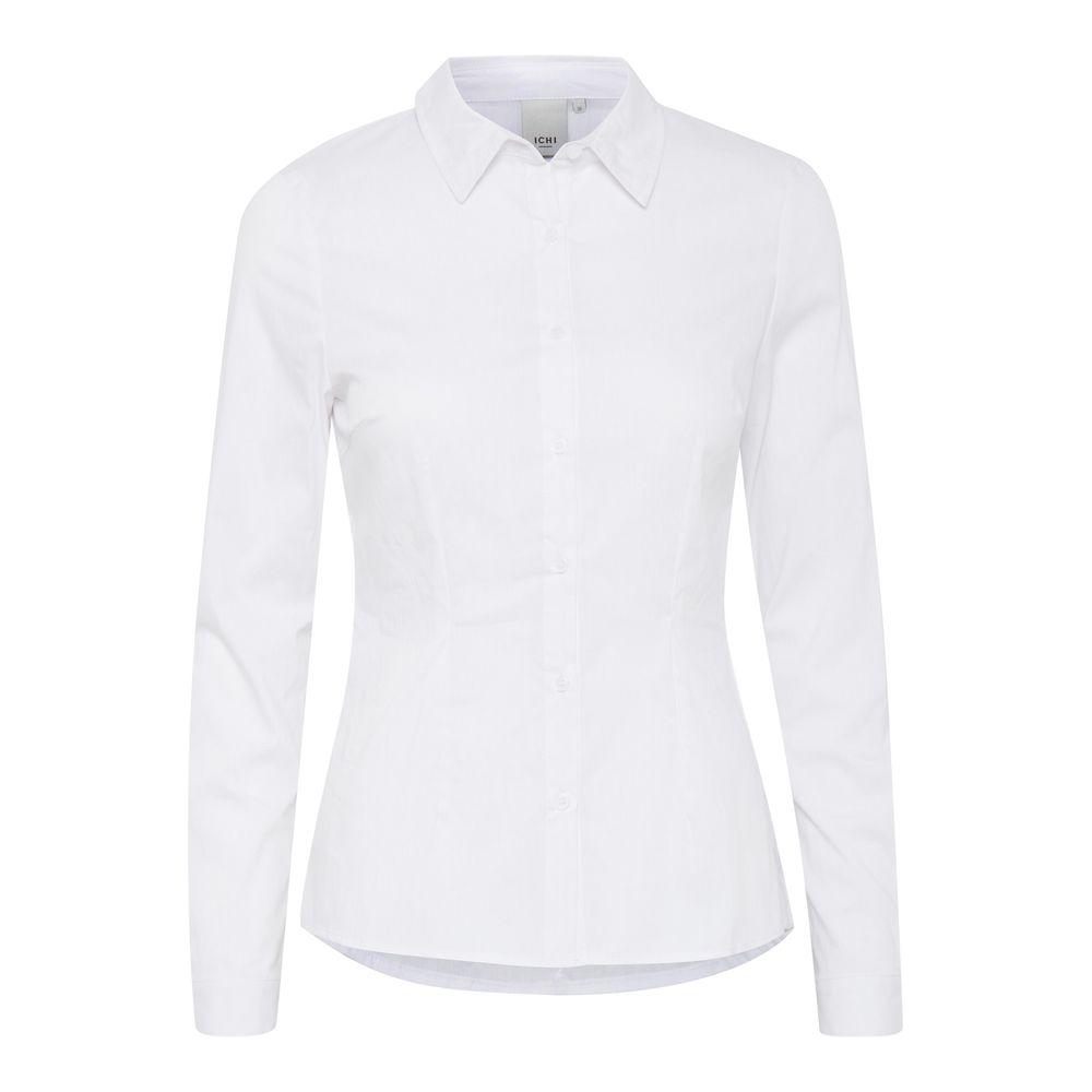 ICHI women's white long sleeve shirt made of 68% cotton, 28% polyamide, and 4% elastane, from the latest collection.
