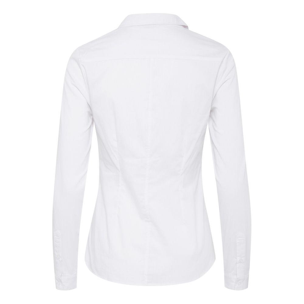 Back view of ICHI women's white long sleeve cotton shirt, featuring a blend of cotton, polyamide, and elastane.
