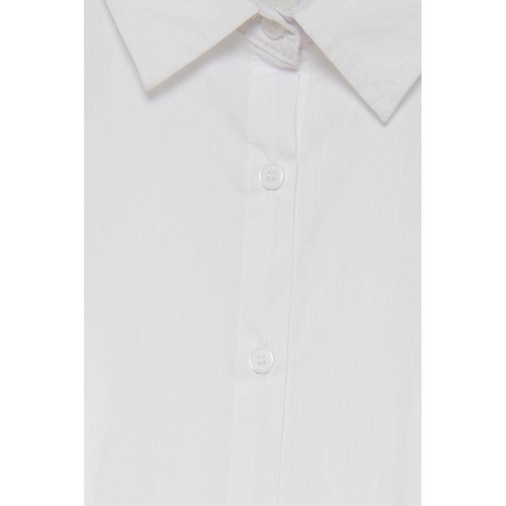 ICHI women's white cotton long sleeve shirt with button details, 68% cotton blend, featuring a classic collar design.