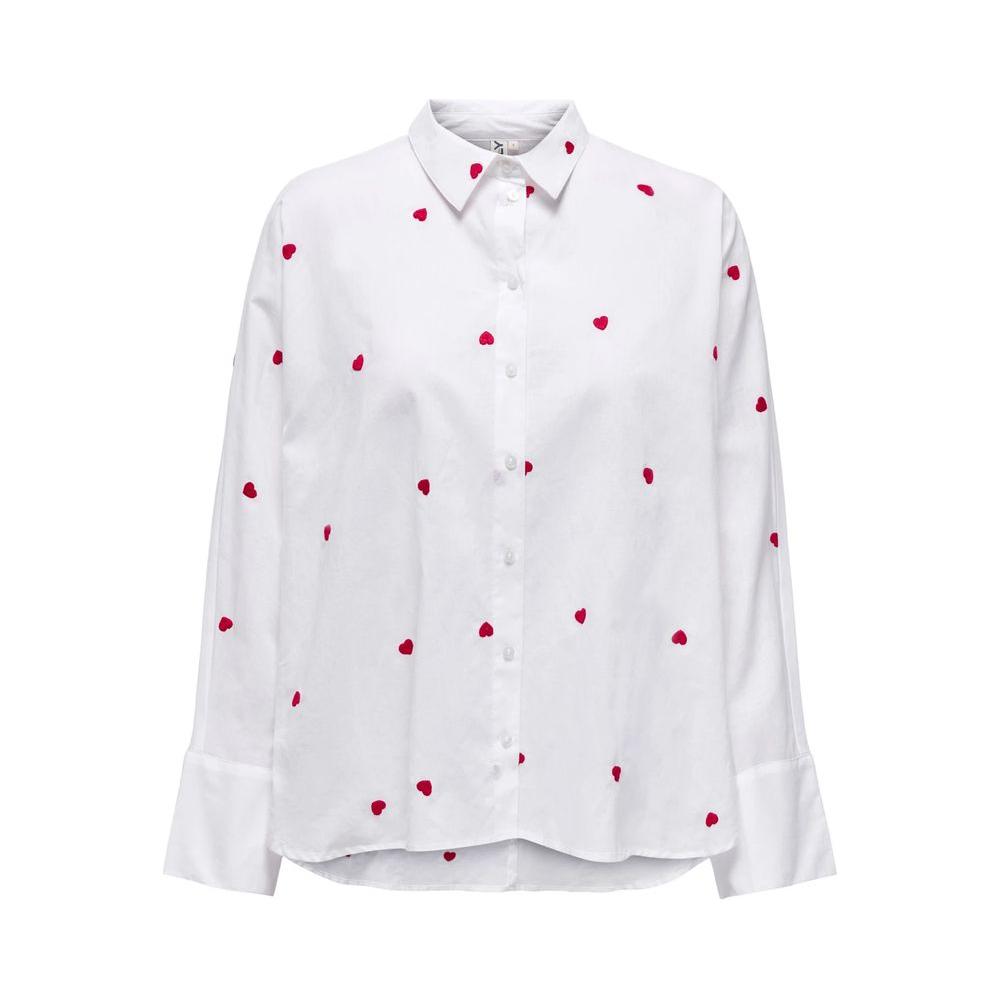 White cotton women's long sleeve shirt with red heart pattern, 100% cotton, stylish and comfortable for everyday wear.