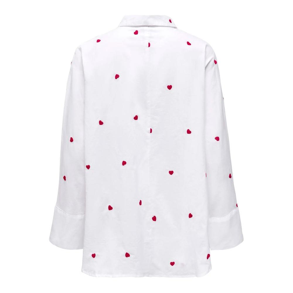 Women's long sleeve white cotton shirt with red heart designs, perfect for casual wear. 100% cotton and comfortable.