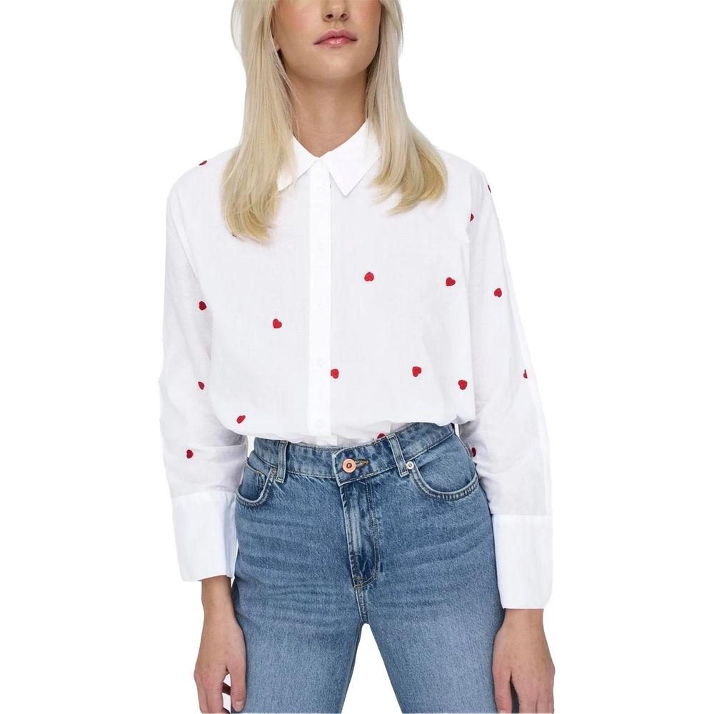 Women's white cotton long sleeve shirt with red heart details, paired with blue jeans. 100% cotton, perfect for casual wear.