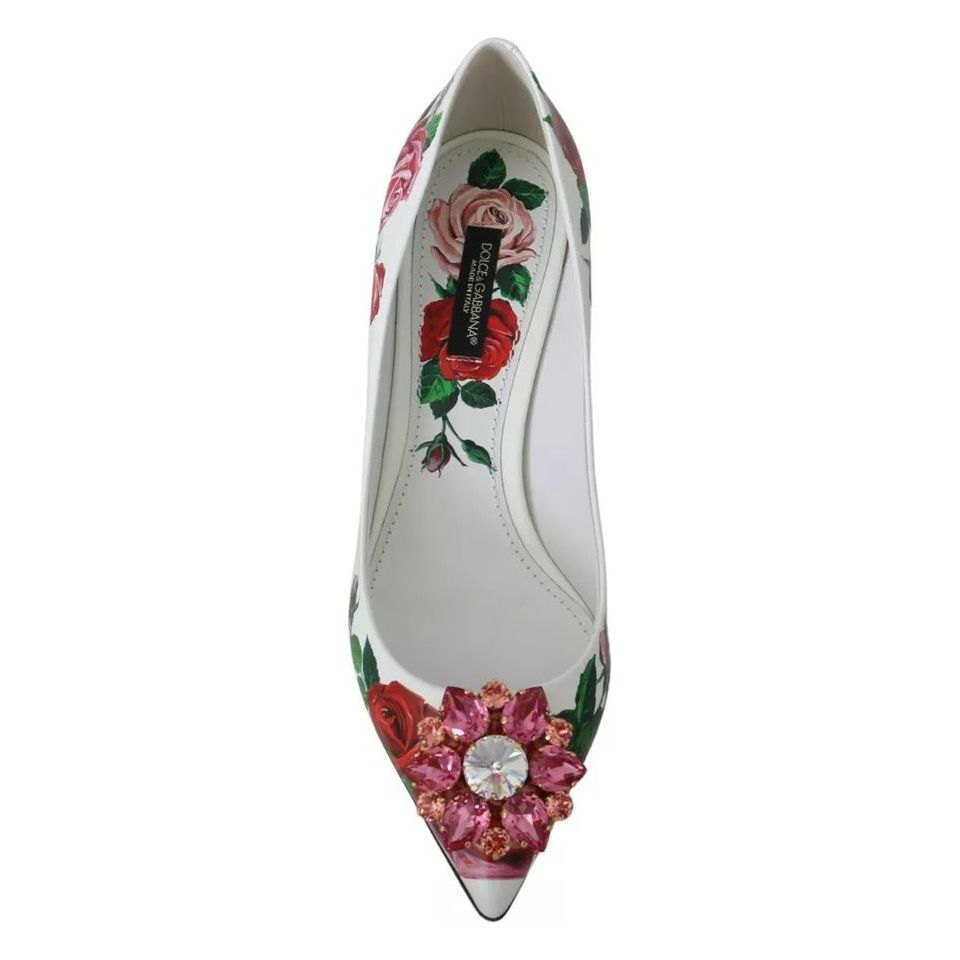Dolce & Gabbana White Leather Roses Crystal Pumps Shoes LA7527-35