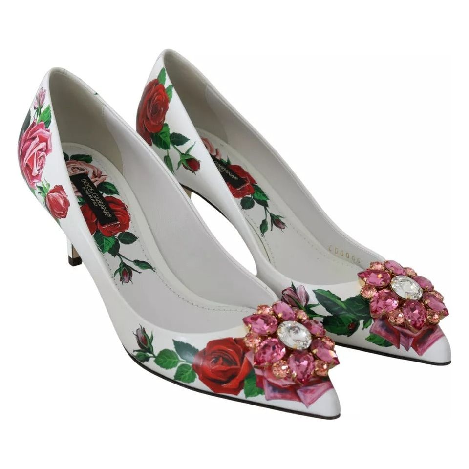 Dolce & Gabbana White Leather Roses Crystal Pumps Shoes LA7527-35
