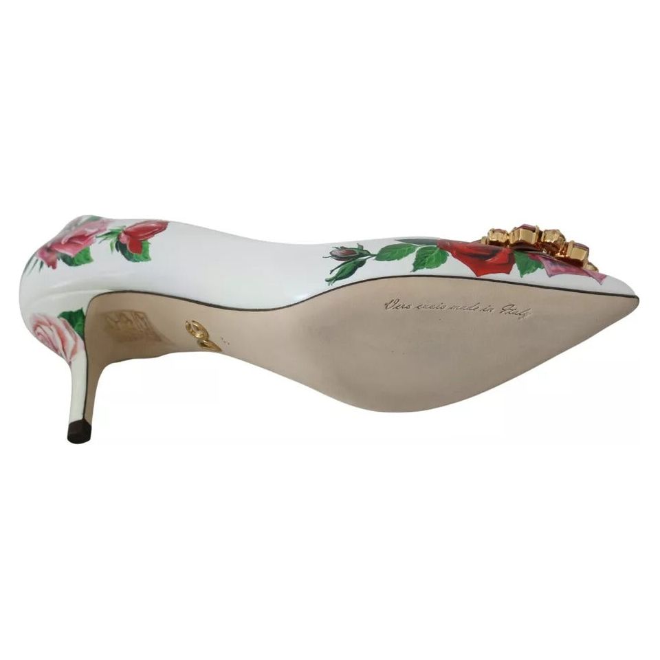Dolce & Gabbana White Leather Roses Crystal Pumps Shoes LA7527-35