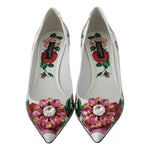 Dolce & Gabbana White Leather Roses Crystal Pumps Shoes LA7527-35