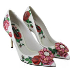 Dolce & Gabbana White Leather Roses Crystal Pumps Shoes LA7526-36