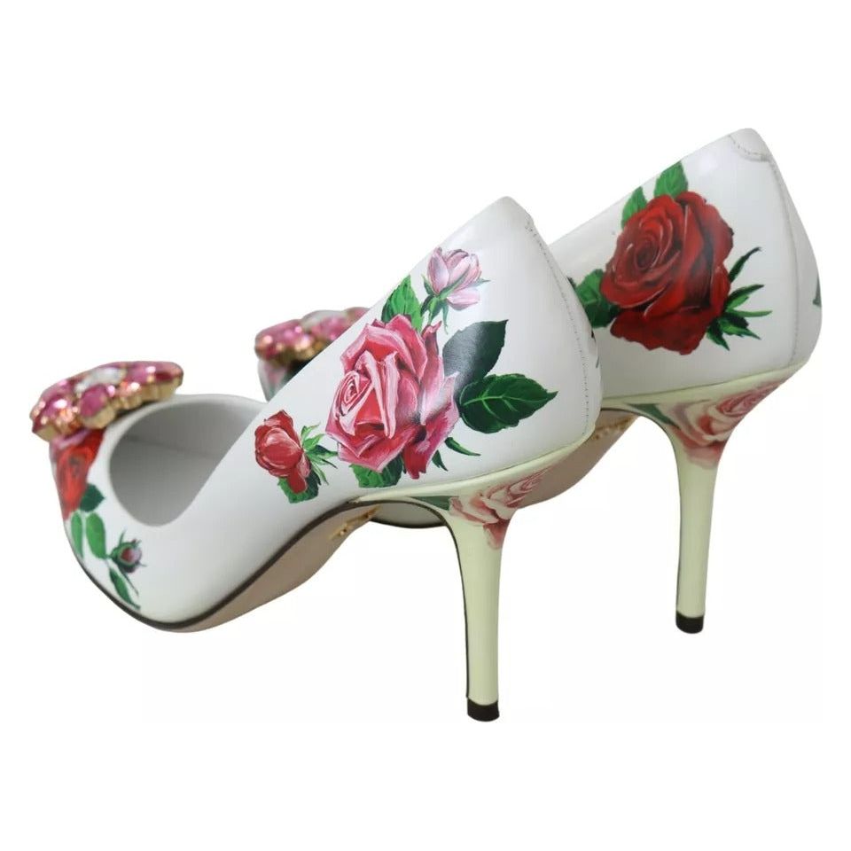 Dolce & Gabbana White Leather Roses Crystal Pumps Shoes LA7526-36