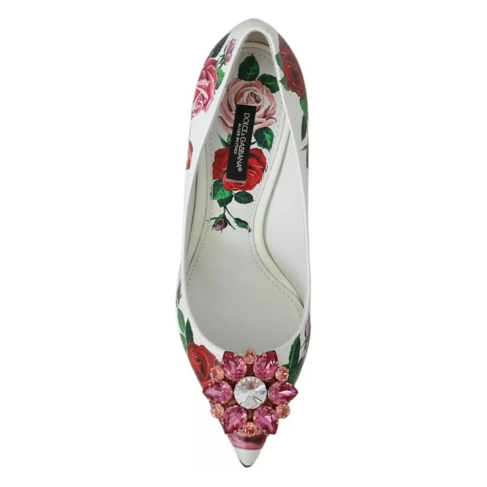 Dolce & Gabbana White Leather Roses Crystal Pumps Shoes LA7526-36