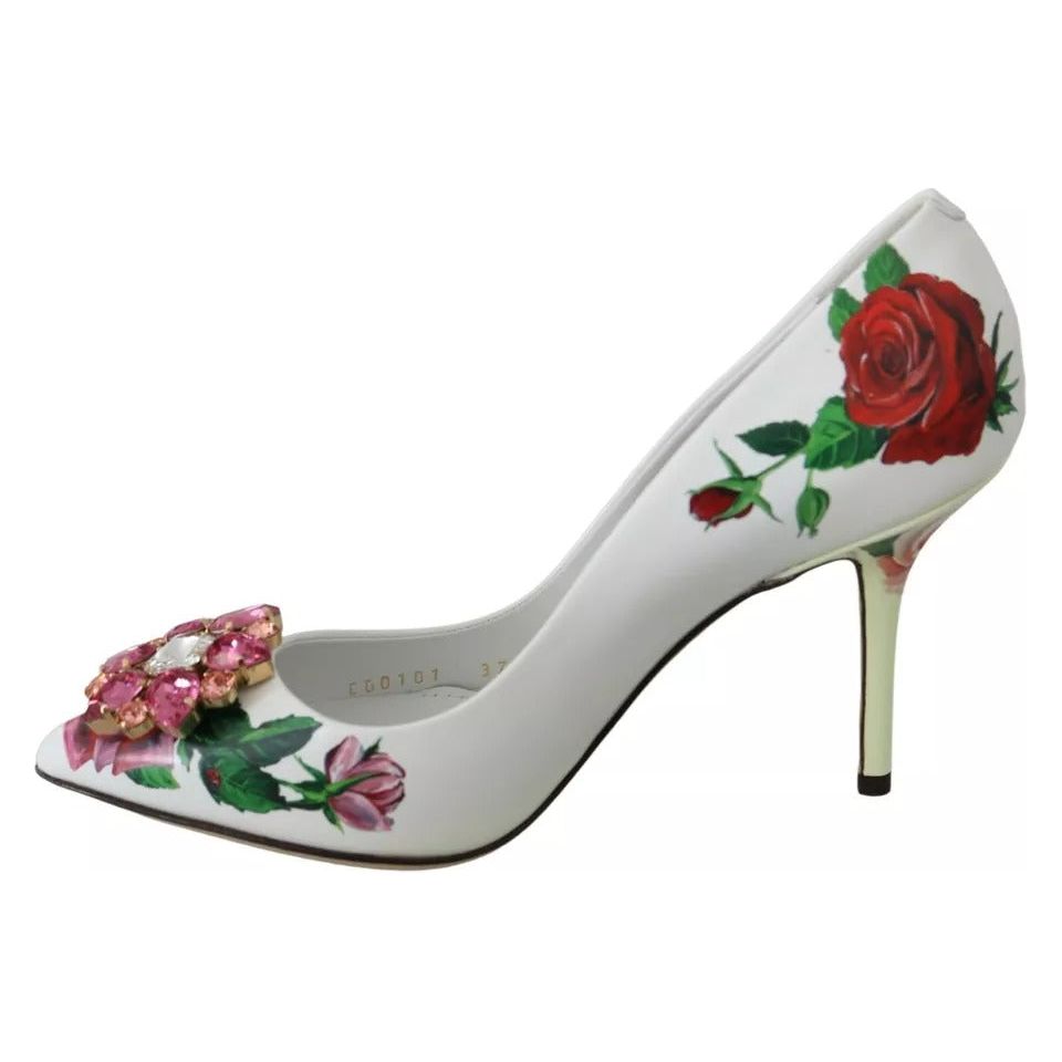 Dolce & Gabbana White Leather Roses Crystal Pumps Shoes LA7526-36