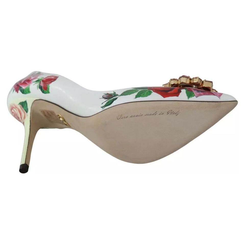Dolce & Gabbana White Leather Roses Crystal Pumps Shoes LA7526-36