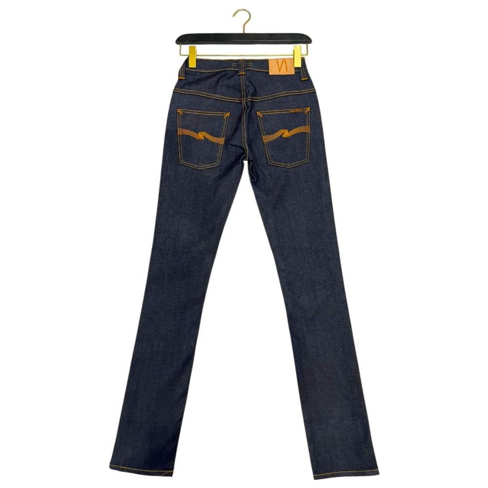 Nudie Jeans Blue Cotton Women's Jeans with logo patch and back welt pockets displayed from the back on a hanger.
