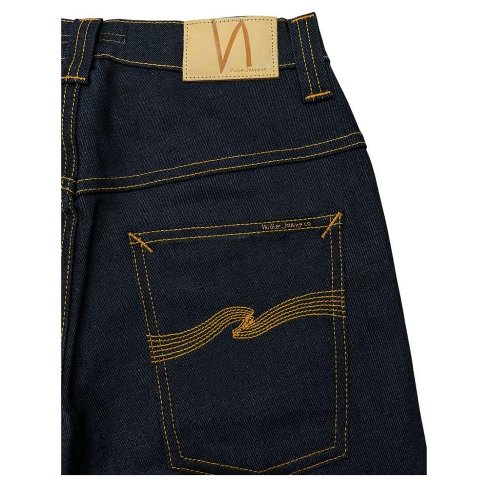 Back view of Nudie Jeans blue cotton women jeans showing logo patch and detailed stitching on the pocket.