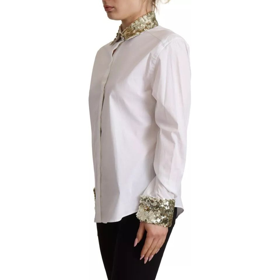 Dolce & Gabbana White Cotton Collared Long Sleeves Sequin Top Shirt TSH7626-38