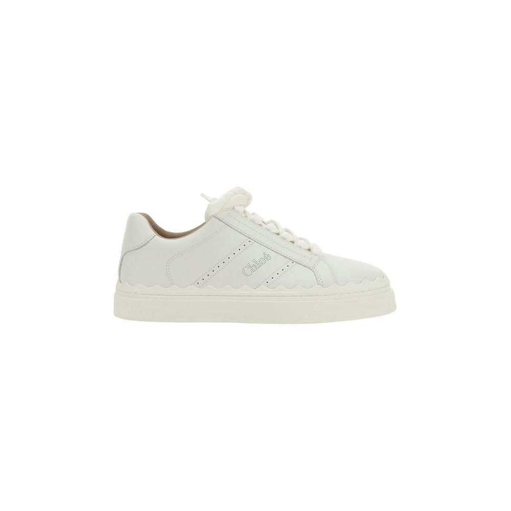 Chloé Lauren Sneakers in white calfskin with lace-up front, round toe, and perforated side panels showcasing iconic brand detailing.