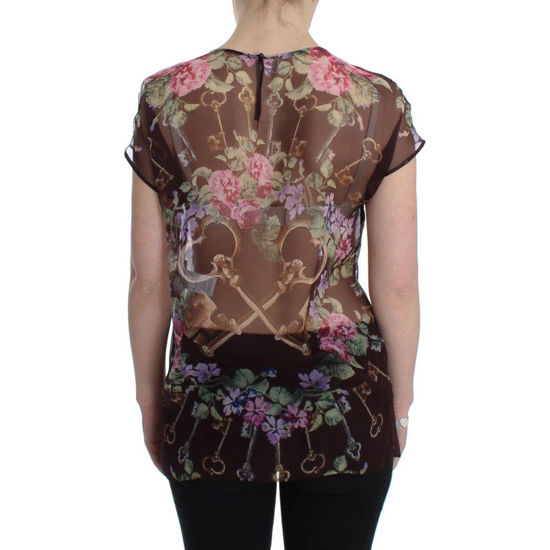 Dolce & Gabbana Elegant Floral Silk Blouse with Cap Sleeves Dolce & Gabbana Dim Gray
