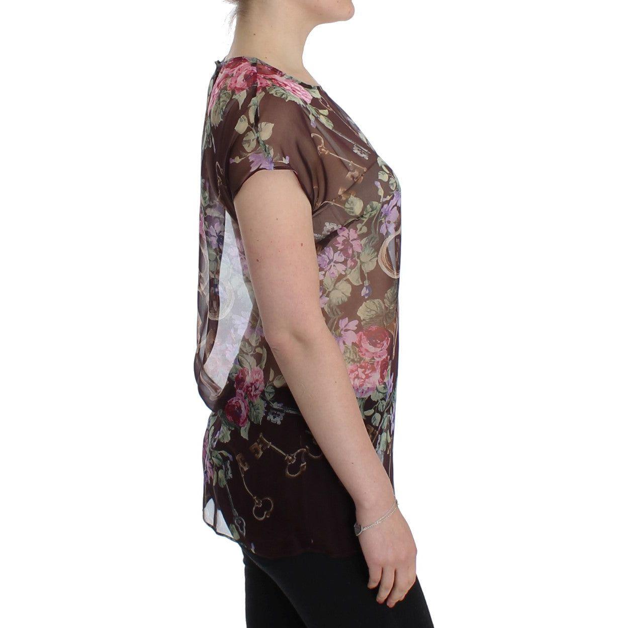 Dolce & Gabbana Elegant Floral Silk Blouse with Cap Sleeves Dolce & Gabbana Dim Gray