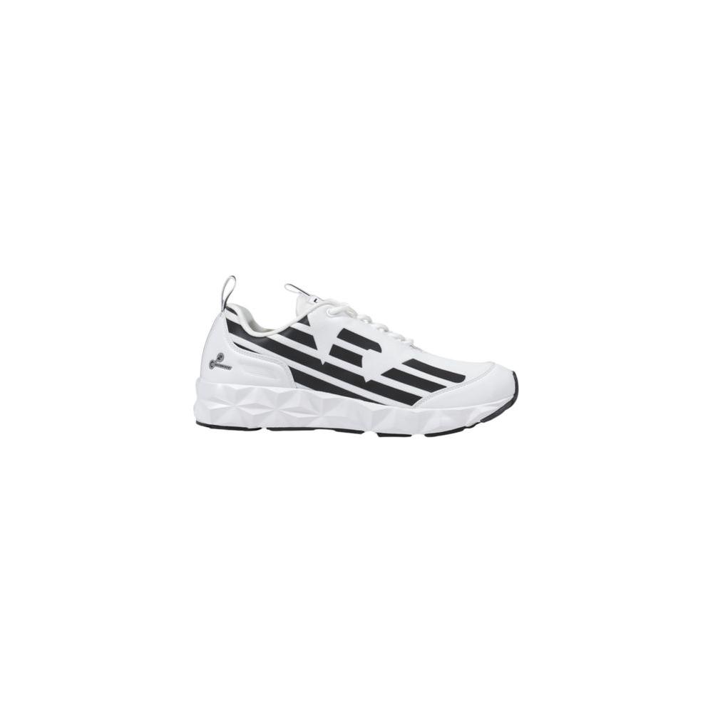 EA7 Emporio Armani black and white polyester sneaker, featuring sporty design and breathable material for comfort and style.