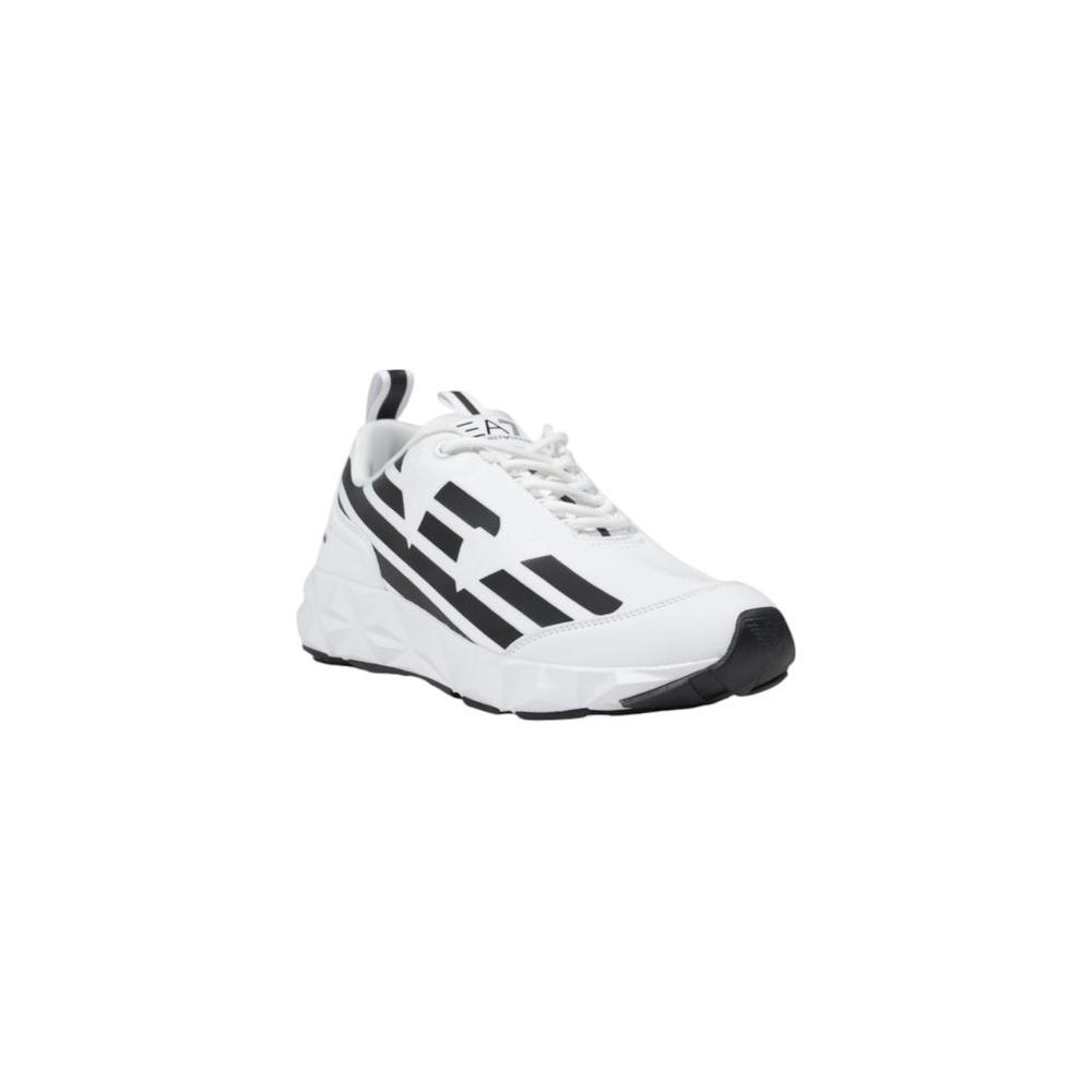 EA7 Emporio Armani men's black and white polyester sneaker with dynamic design and sturdy sole, perfect for style and comfort.