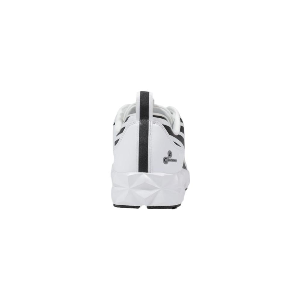 Rear view of EA7 Emporio Armani black and white polyester sneaker showcasing modern design with sturdy sole