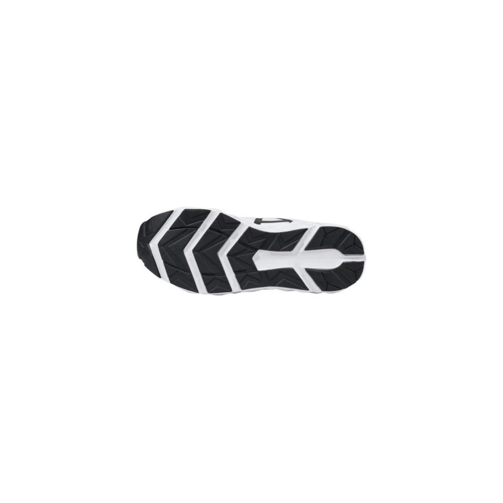Sole view of EA7 Emporio Armani black and white polyester sneaker showcasing grip and design.