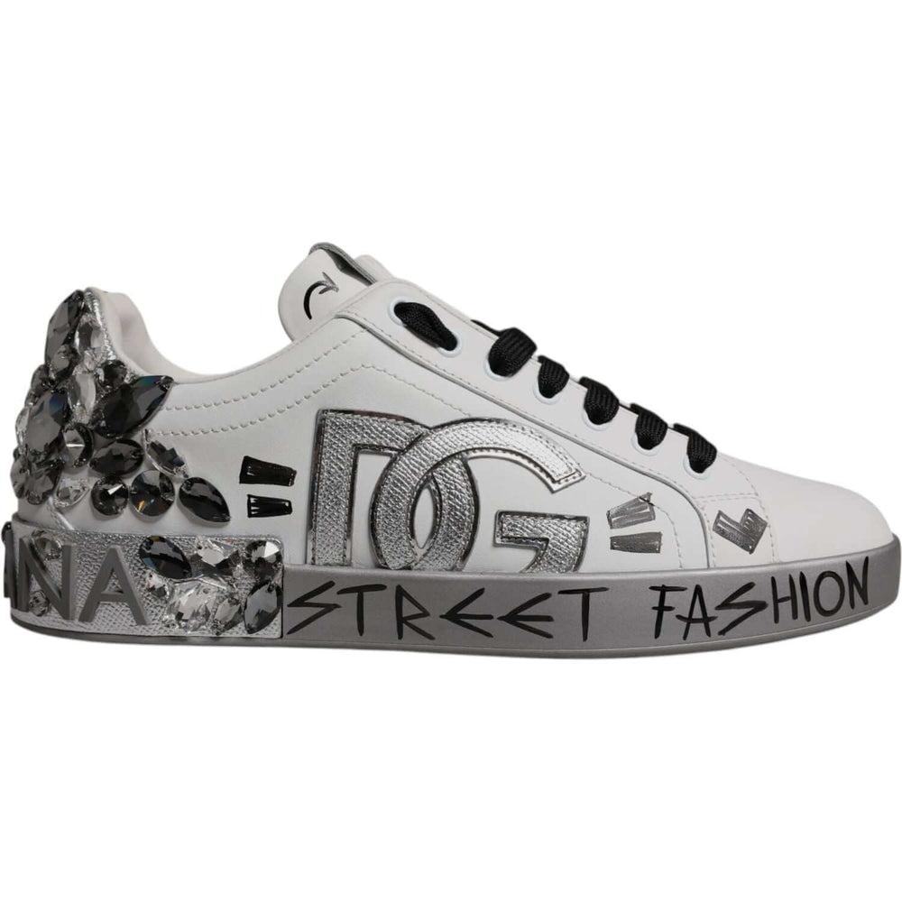 Dolce & Gabbana White Silver Crystal Logo Portofino Sneakers Shoes MV7047#1-42