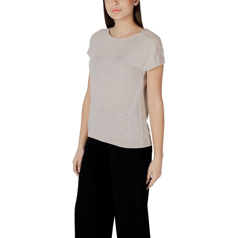 Woman wearing Street One beige polyester t-shirt with lace shoulder detail and black pants, showcasing stylish and versatile casual wear.