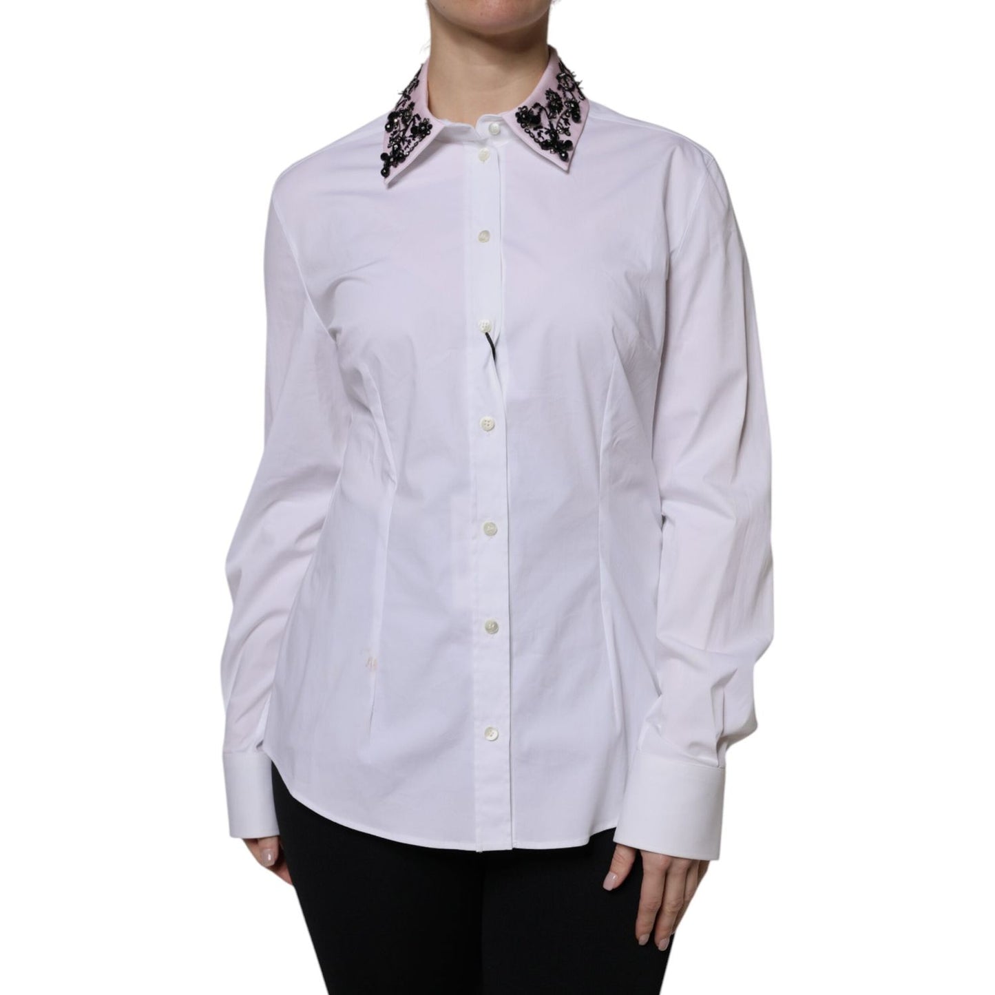 Dolce & Gabbana White Embellished Collared Dress Shirt Top TSH878639-48