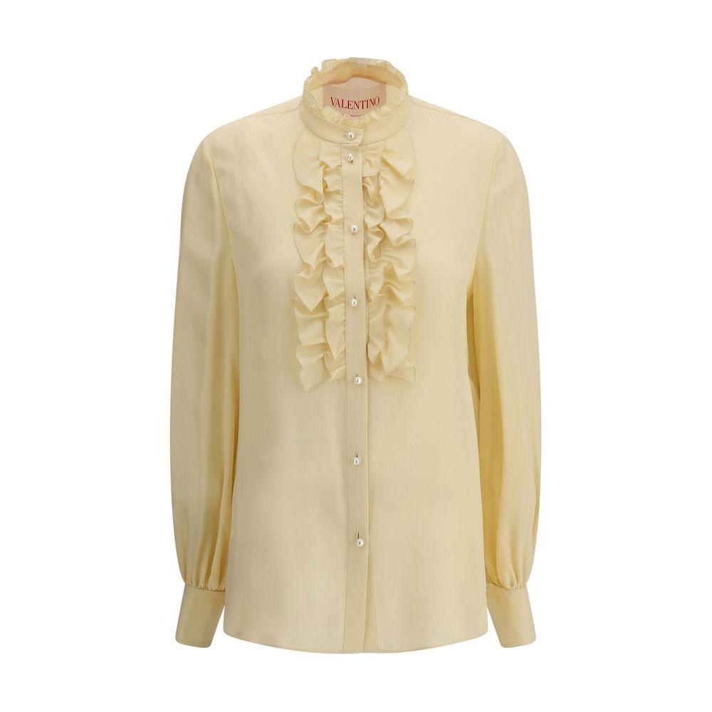 Elegant Valentino silk shirt with mandarin collar, pearl button closure, and applique drape details for a sophisticated look.